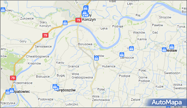 mapa Kozłów gmina Gręboszów, Kozłów gmina Gręboszów na mapie Targeo