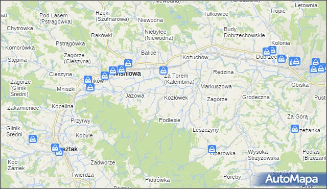 mapa Kozłówek gmina Wiśniowa, Kozłówek gmina Wiśniowa na mapie Targeo