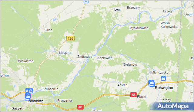 mapa Kozłowiec gmina Poświętne, Kozłowiec gmina Poświętne na mapie Targeo