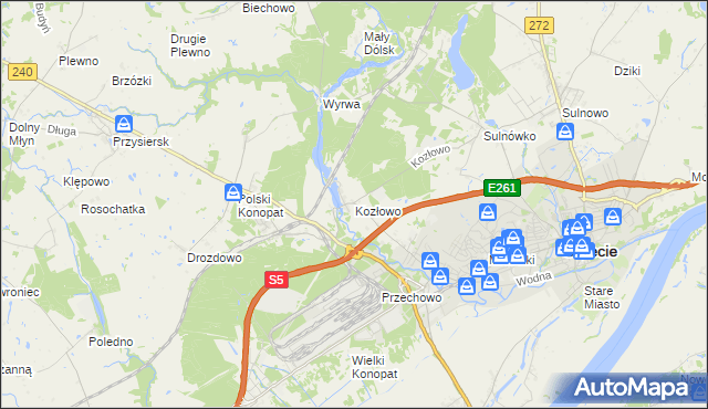 mapa Kozłowo gmina Świecie, Kozłowo gmina Świecie na mapie Targeo