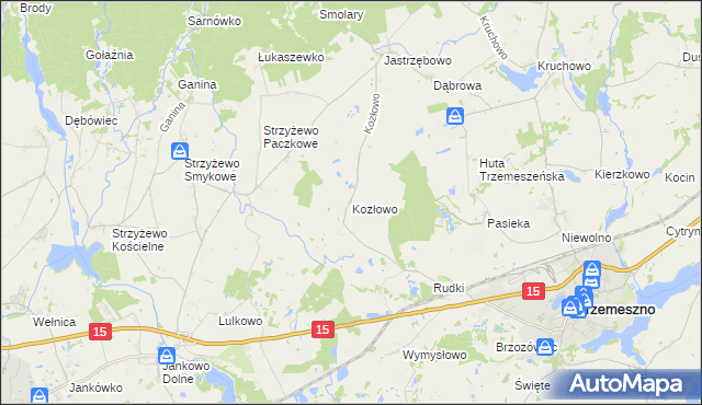 mapa Kozłowo gmina Trzemeszno, Kozłowo gmina Trzemeszno na mapie Targeo