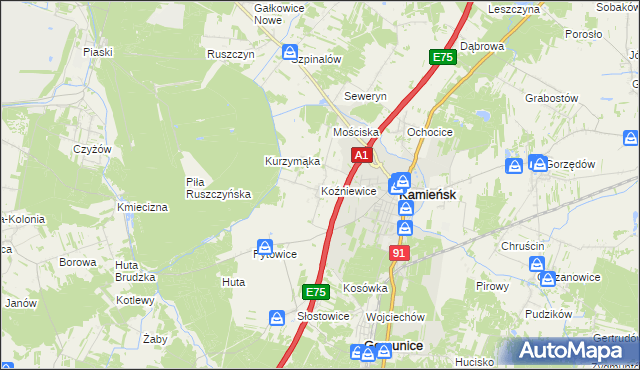 mapa Koźniewice, Koźniewice na mapie Targeo