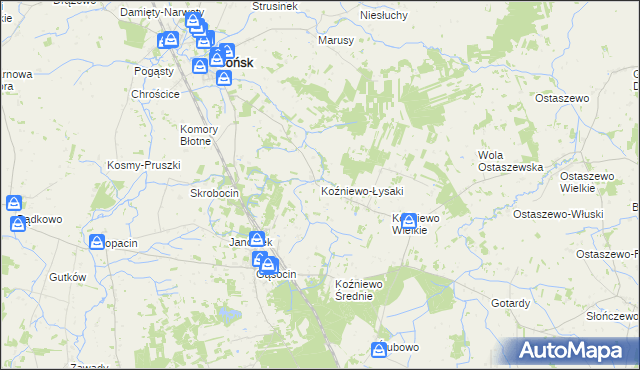 mapa Koźniewo-Łysaki, Koźniewo-Łysaki na mapie Targeo