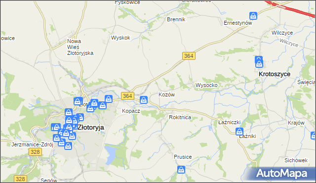 mapa Kozów gmina Złotoryja, Kozów gmina Złotoryja na mapie Targeo