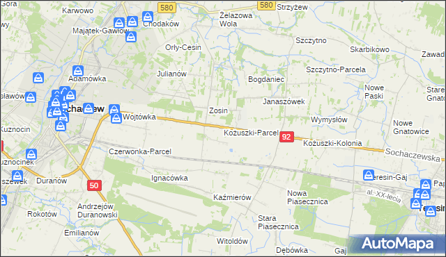 mapa Kożuszki-Parcel, Kożuszki-Parcel na mapie Targeo