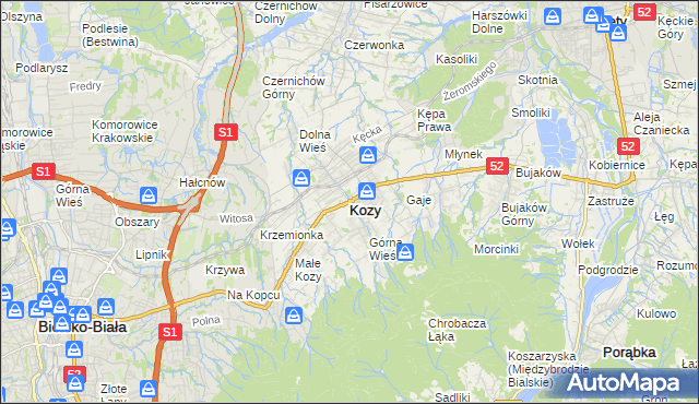 mapa Kozy powiat bielski, Kozy powiat bielski na mapie Targeo