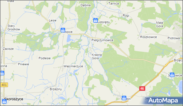 mapa Krasna Góra gmina Niemodlin, Krasna Góra gmina Niemodlin na mapie Targeo