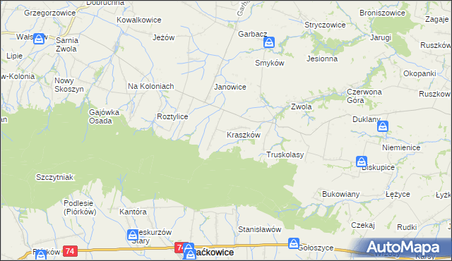 mapa Kraszków gmina Waśniów, Kraszków gmina Waśniów na mapie Targeo