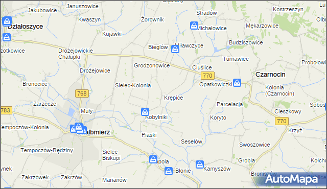 mapa Krępice gmina Skalbmierz, Krępice gmina Skalbmierz na mapie Targeo