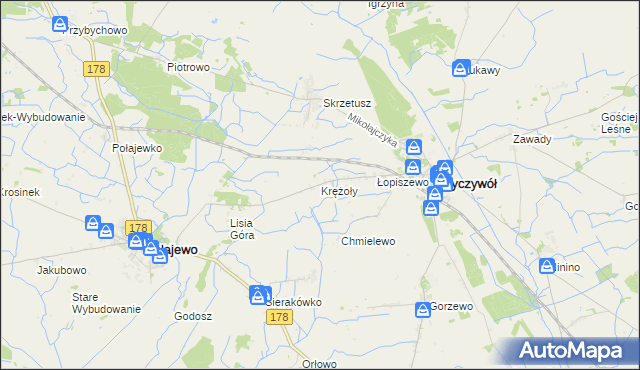 mapa Krężoły gmina Ryczywół, Krężoły gmina Ryczywół na mapie Targeo