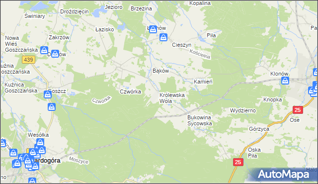 mapa Królewska Wola gmina Międzybórz, Królewska Wola gmina Międzybórz na mapie Targeo