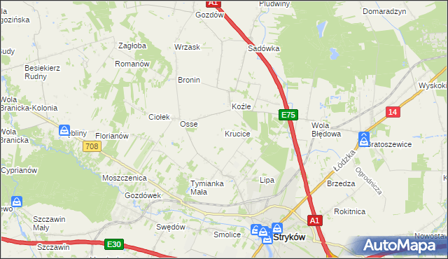 mapa Krucice gmina Stryków, Krucice gmina Stryków na mapie Targeo