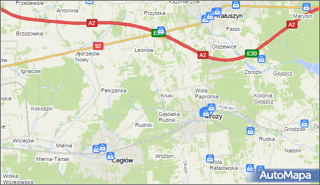 mapa Kruki gmina Mrozy, Kruki gmina Mrozy na mapie Targeo