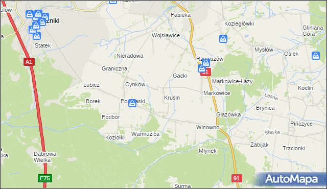 mapa Krusin gmina Koziegłowy, Krusin gmina Koziegłowy na mapie Targeo