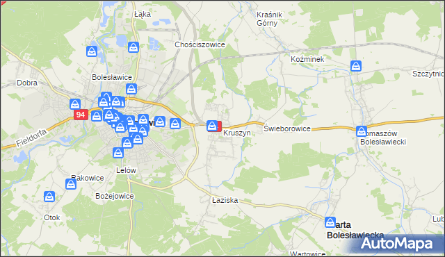 mapa Kruszyn gmina Bolesławiec, Kruszyn gmina Bolesławiec na mapie Targeo