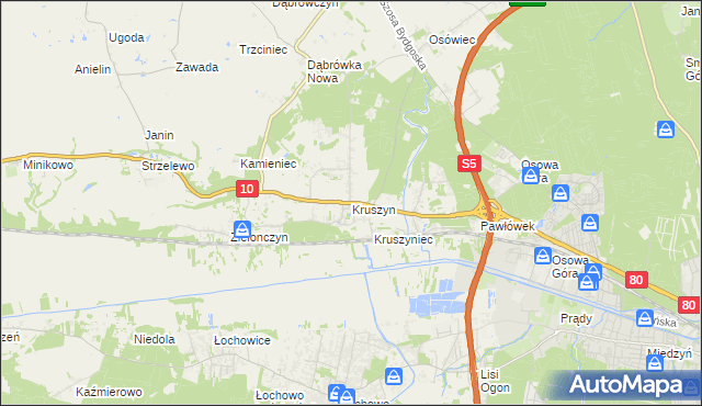 mapa Kruszyn gmina Sicienko, Kruszyn gmina Sicienko na mapie Targeo