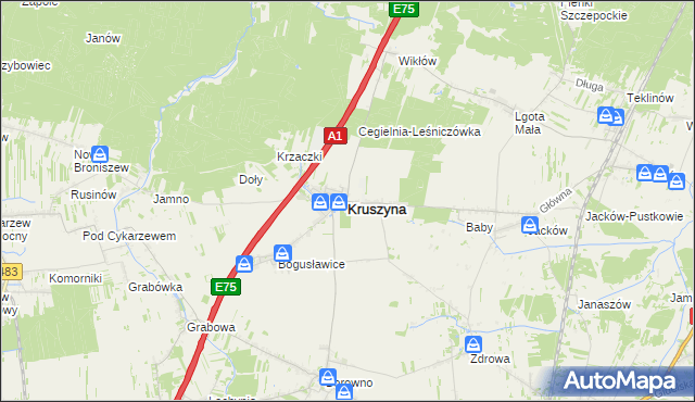 mapa Kruszyna powiat częstochowski, Kruszyna powiat częstochowski na mapie Targeo