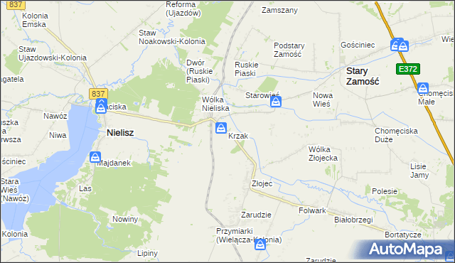 mapa Krzak gmina Nielisz, Krzak gmina Nielisz na mapie Targeo