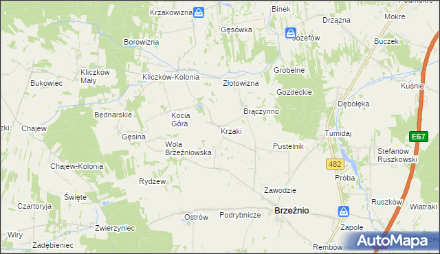 mapa Krzaki gmina Brzeźnio, Krzaki gmina Brzeźnio na mapie Targeo