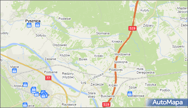 mapa Krzaki gmina Pysznica, Krzaki gmina Pysznica na mapie Targeo