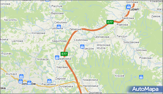 mapa Krzeczów gmina Lubień, Krzeczów gmina Lubień na mapie Targeo