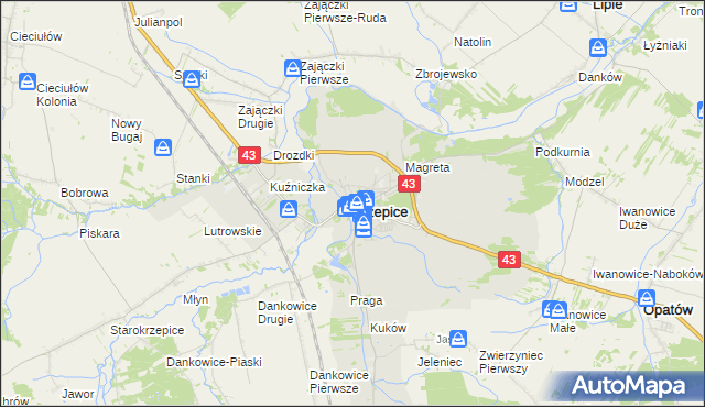 mapa Krzepice powiat kłobucki, Krzepice powiat kłobucki na mapie Targeo