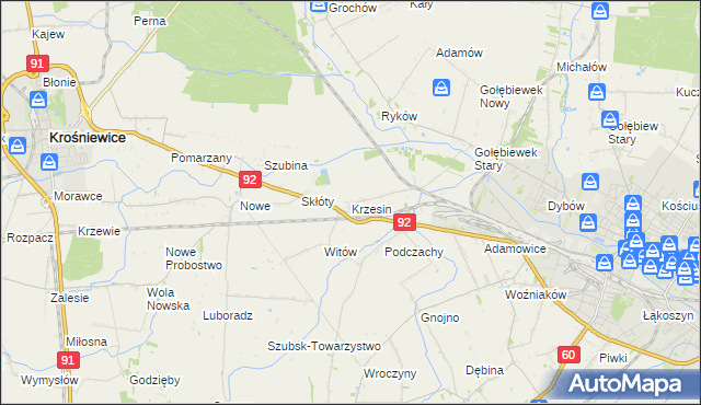 mapa Krzesin gmina Kutno, Krzesin gmina Kutno na mapie Targeo
