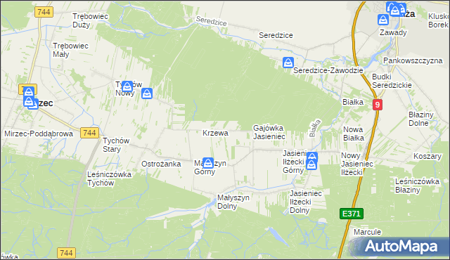 mapa Krzewa gmina Mirzec, Krzewa gmina Mirzec na mapie Targeo