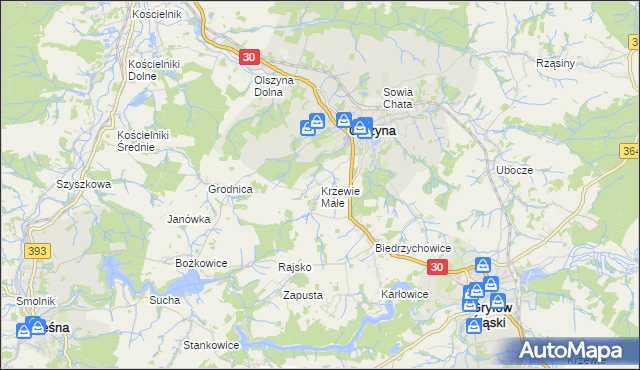 mapa Krzewie Małe, Krzewie Małe na mapie Targeo