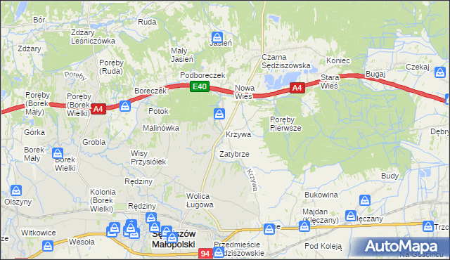 mapa Krzywa gmina Sędziszów Małopolski, Krzywa gmina Sędziszów Małopolski na mapie Targeo