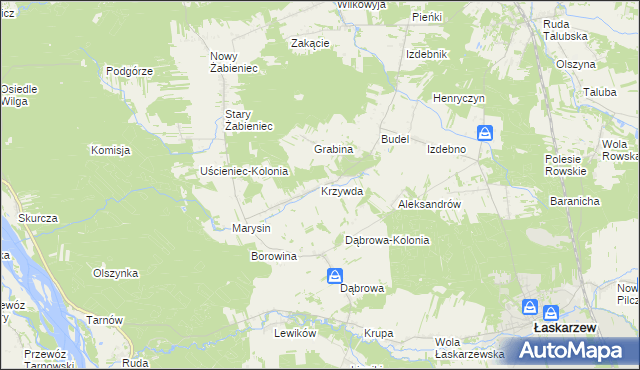 mapa Krzywda gmina Łaskarzew, Krzywda gmina Łaskarzew na mapie Targeo