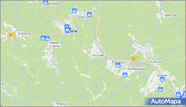 mapa Krzywe gmina Cisna, Krzywe gmina Cisna na mapie Targeo