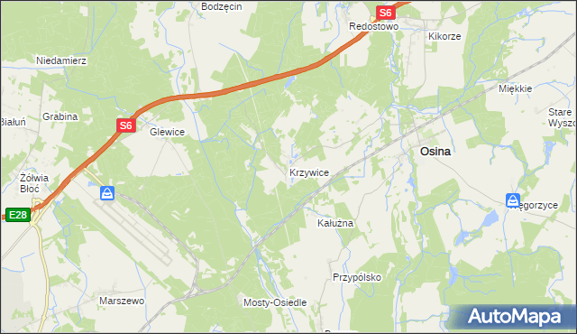 mapa Krzywice gmina Osina, Krzywice gmina Osina na mapie Targeo