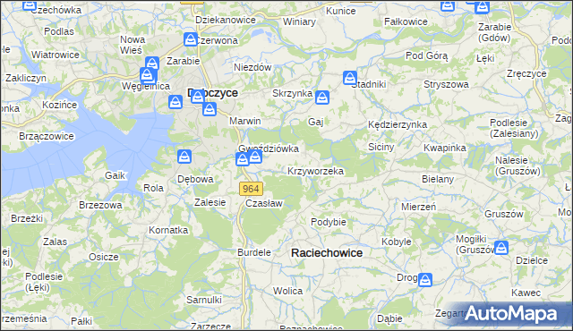 mapa Krzyworzeka gmina Raciechowice, Krzyworzeka gmina Raciechowice na mapie Targeo