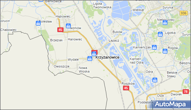 mapa Krzyżanowice powiat raciborski, Krzyżanowice powiat raciborski na mapie Targeo