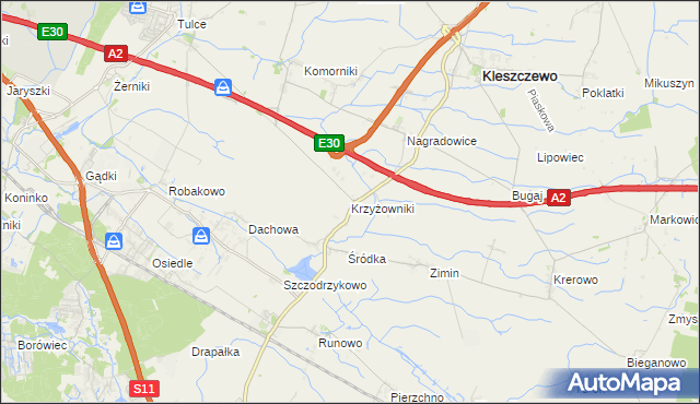 mapa Krzyżowniki gmina Kleszczewo, Krzyżowniki gmina Kleszczewo na mapie Targeo