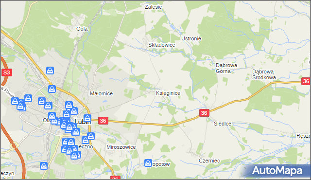 mapa Księginice gmina Lubin, Księginice gmina Lubin na mapie Targeo