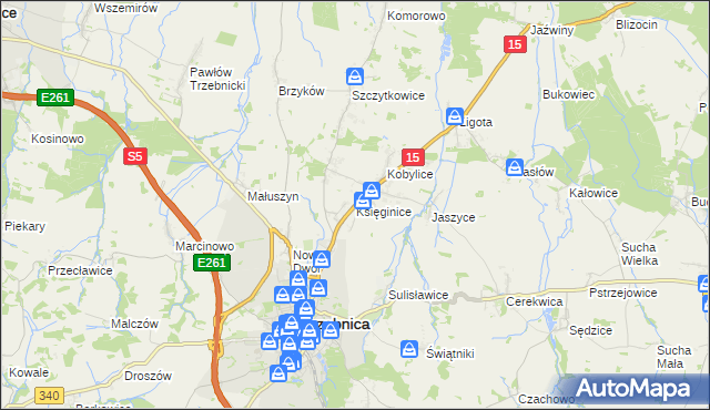 mapa Księginice gmina Trzebnica, Księginice gmina Trzebnica na mapie Targeo