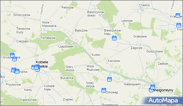 mapa Kubiki gmina Wielgomłyny, Kubiki gmina Wielgomłyny na mapie Targeo