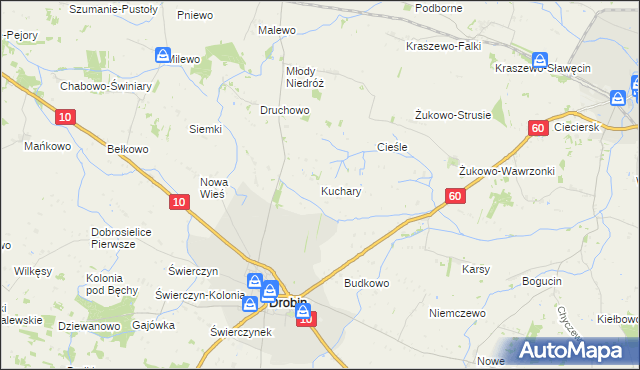 mapa Kuchary gmina Drobin, Kuchary gmina Drobin na mapie Targeo