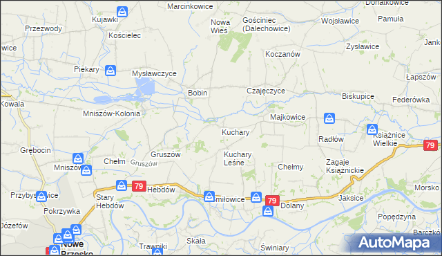mapa Kuchary gmina Nowe Brzesko, Kuchary gmina Nowe Brzesko na mapie Targeo