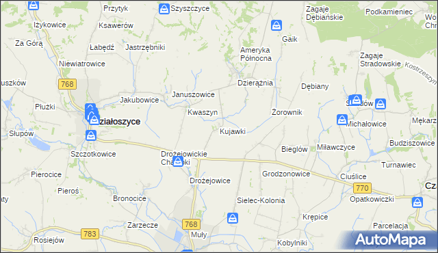 mapa Kujawki gmina Działoszyce, Kujawki gmina Działoszyce na mapie Targeo