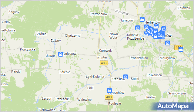 mapa Kurów gmina Zelów, Kurów gmina Zelów na mapie Targeo