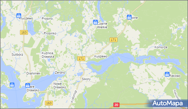 mapa Kuszewo gmina Czaplinek, Kuszewo gmina Czaplinek na mapie Targeo