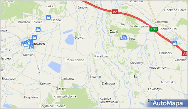 mapa Kwiatków gmina Brudzew, Kwiatków gmina Brudzew na mapie Targeo