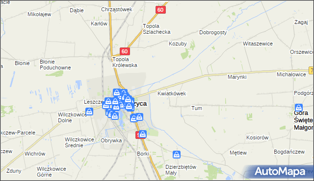 mapa Kwiatkówek gmina Góra Świętej Małgorzaty, Kwiatkówek gmina Góra Świętej Małgorzaty na mapie Targeo