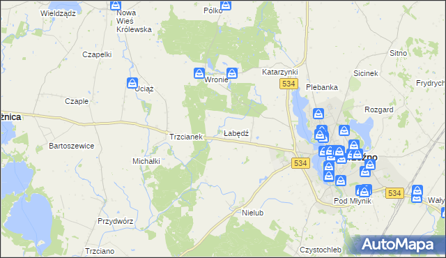 mapa Łabędź gmina Ryńsk, Łabędź gmina Ryńsk na mapie Targeo