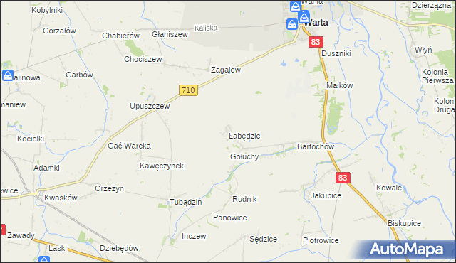 mapa Łabędzie gmina Warta, Łabędzie gmina Warta na mapie Targeo