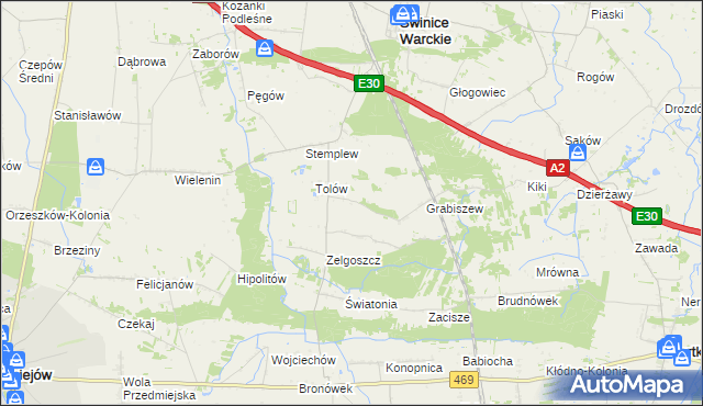 mapa Ładawy gmina Świnice Warckie, Ładawy gmina Świnice Warckie na mapie Targeo