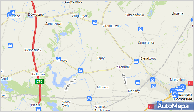 mapa Lądy gmina Kowalewo Pomorskie, Lądy gmina Kowalewo Pomorskie na mapie Targeo